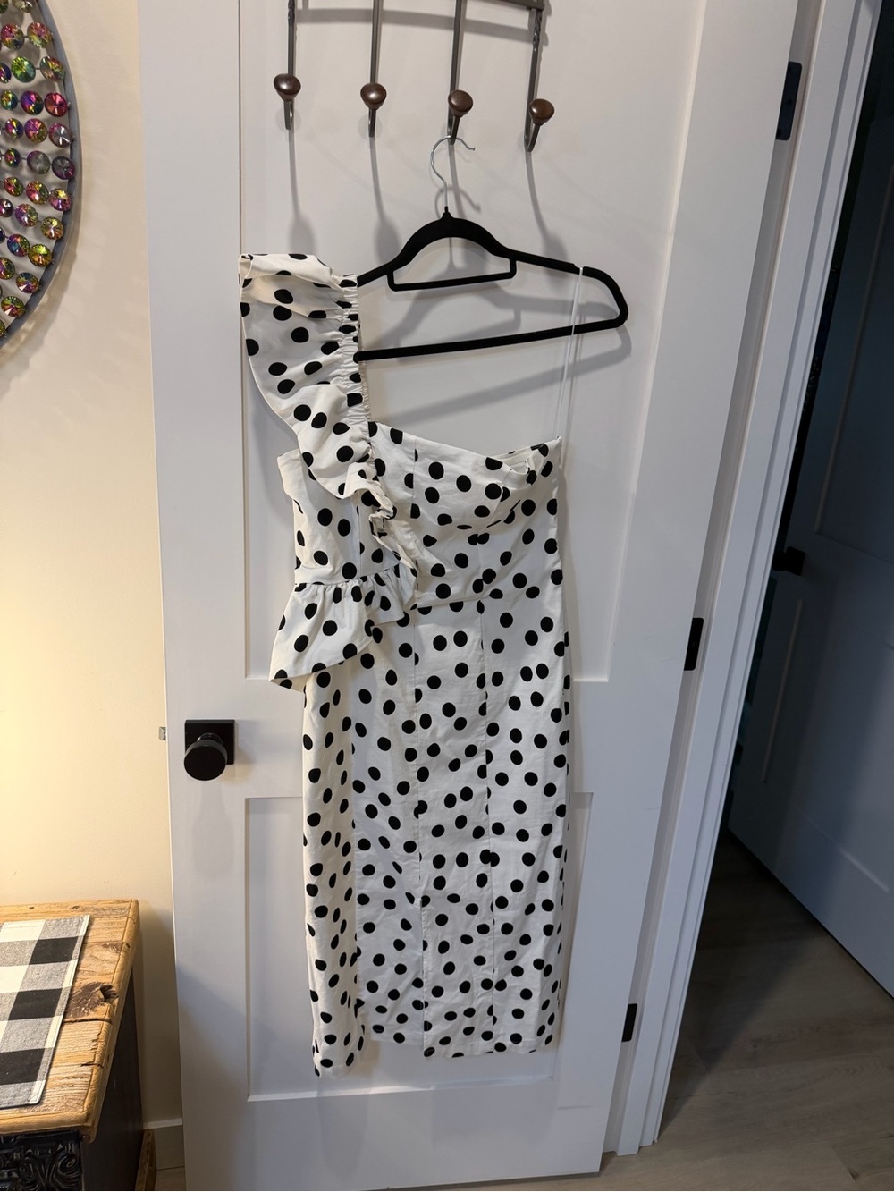 Anthropologie White One-Shoulder Polka Dot Midi Dress